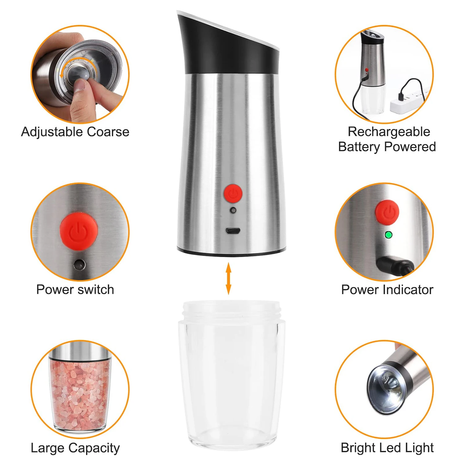 USB Charging Salt and Pepper Grinder Set Gravity Operation Spice Seasoning Mill Shaker Adjustable Coarseness Stainless Steel