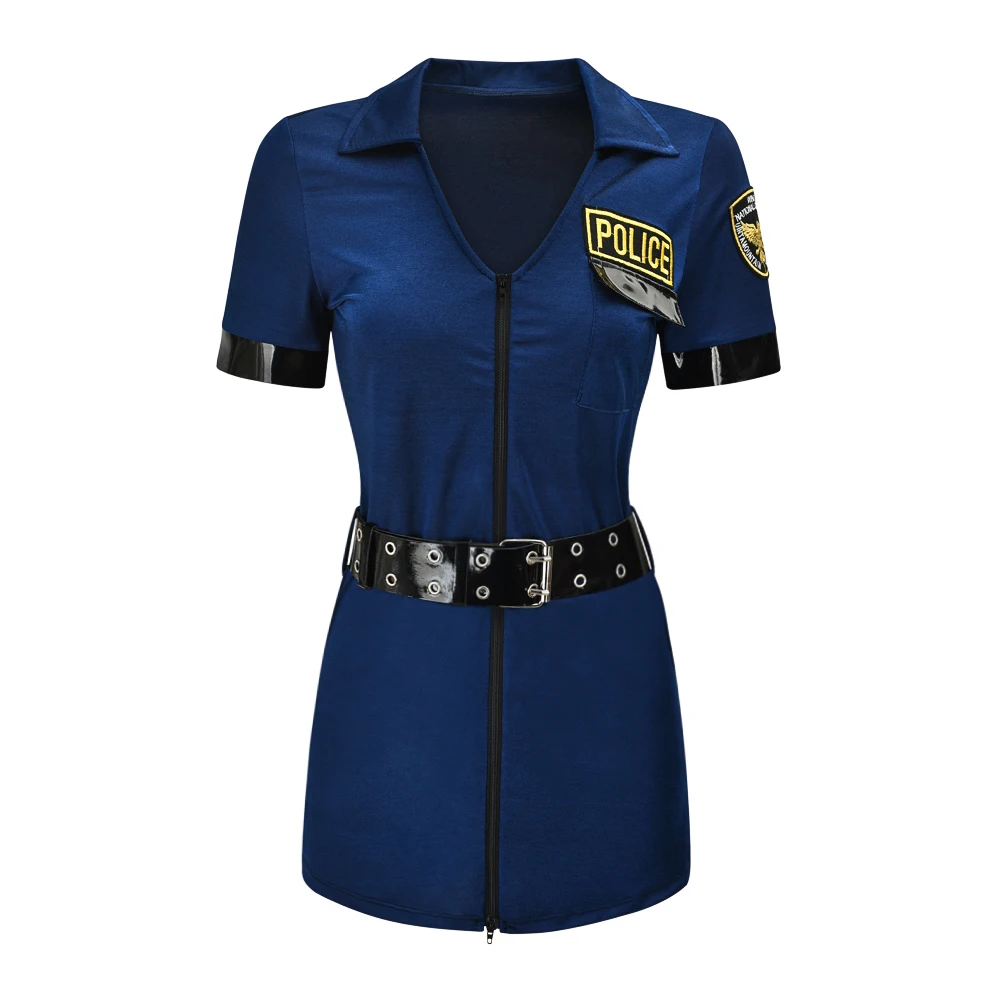 Halloween Sexy Police Woman Officer Uniform Costume Clubwear Zipper Erotic Outfit Cosplay Carnival Fancy Party Dress