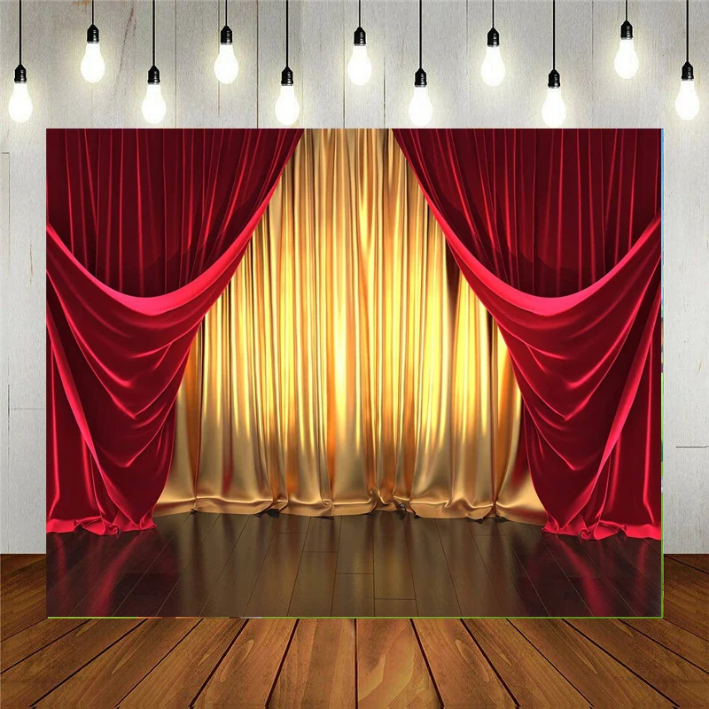 

3D Rendering Theater Stage Theme Photography Backdrop Golden And Red Curtains Background For Wedding Birthday Party Decoration