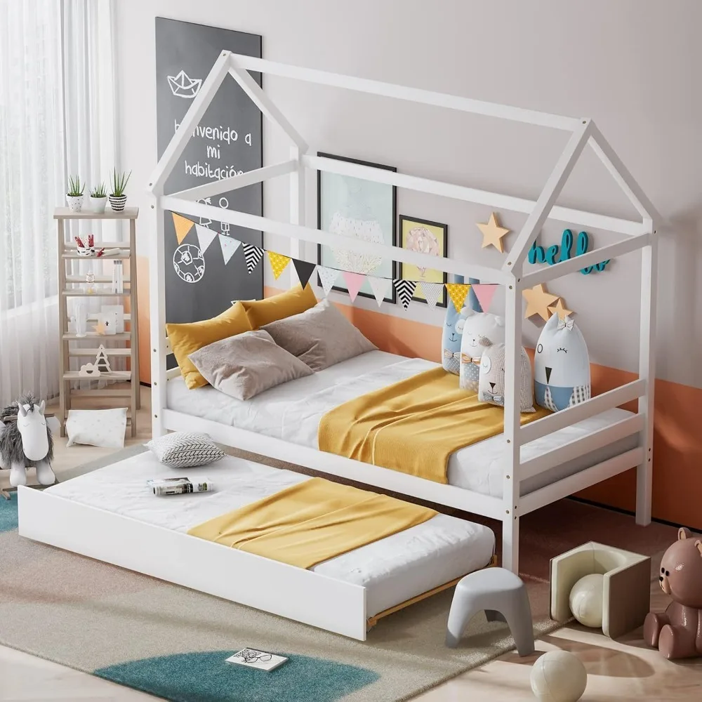 Cama de casa con nido, sofá cama doble de madera maciza para niñas y niños, marco de cama con plataforma para niños