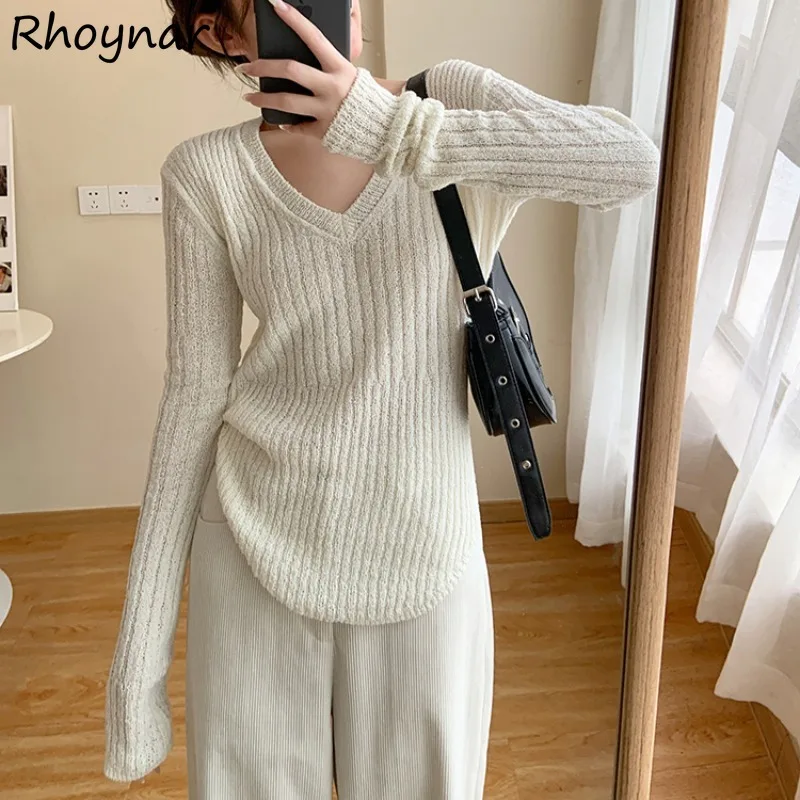 Pullovers Women Autumn Spicy Ladies Lazy Style Minimalist Sweater Tender V-neck Solid All-match Casual Ulzzang Basic Inner Cozy