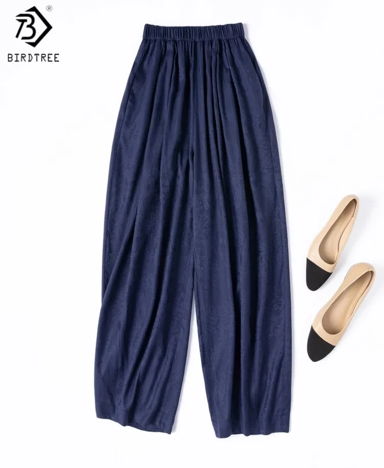 

Birdtree Summer 100% Mulberry silk Pocket Pants,Women Jacquard Elastic Waist Solid Straight Wide Leg Pants,2025 New P56511JF