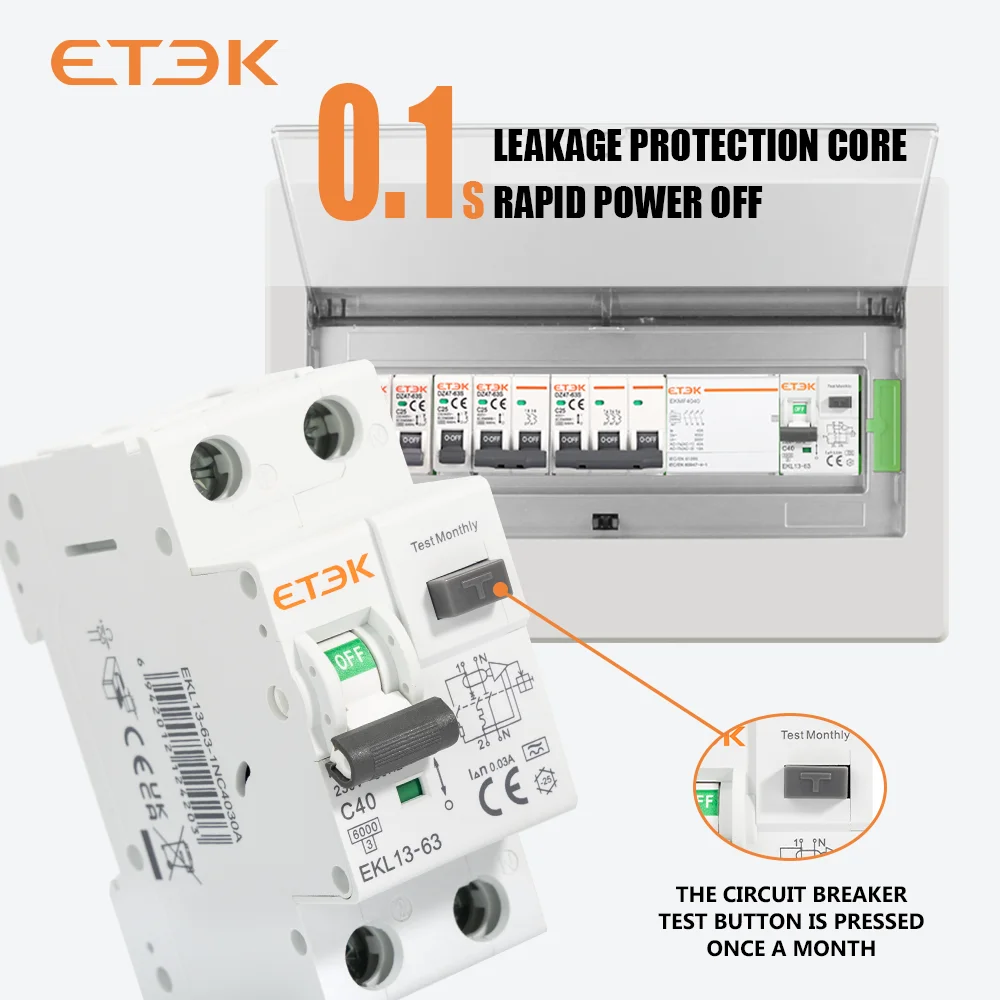 

ETEC RCBO Type A 1P+N Residual Automatic Circuit Breaker With Over Current Leakage Protection 6KA 2P DPN 30mA EKL13