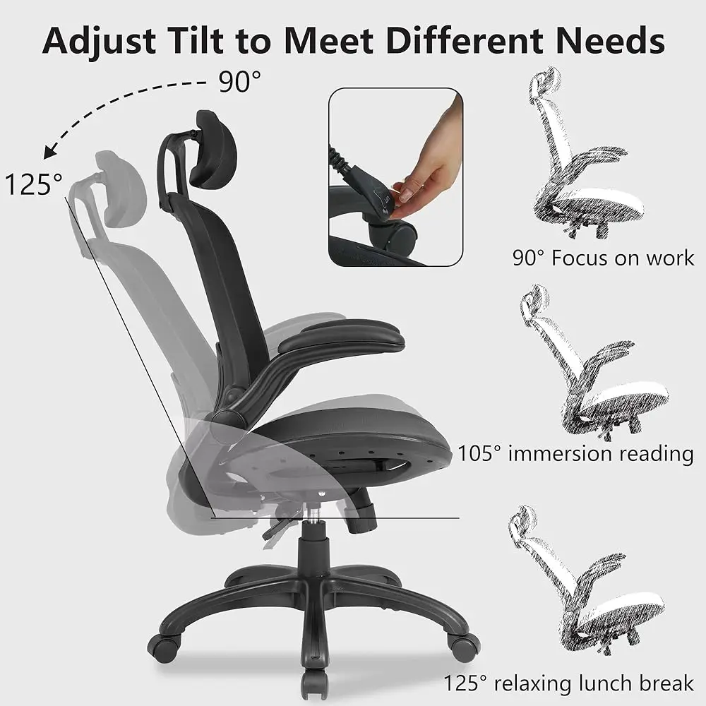 Ergonomic Office Chair Computer Chair High-Ba With Rolling Swivel Desk Mesh Chair With Lumbar Support,Headrest,Flip-Up A And