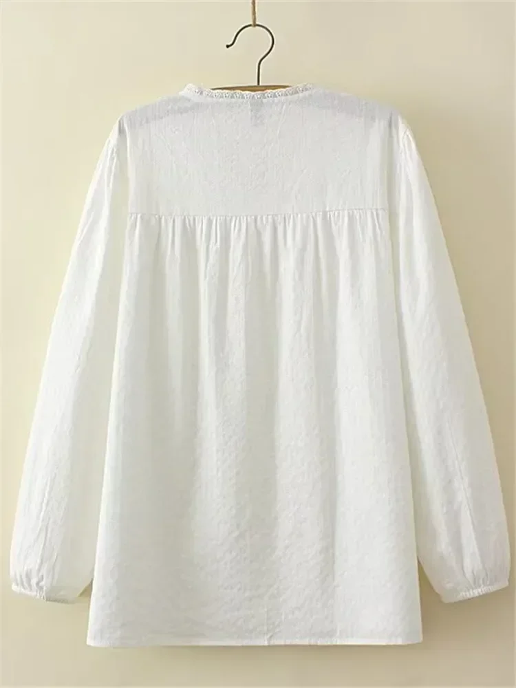 

Женская одежда больших размеров: весенне-осенняя блузка с длинным рукавом, однотонная, с вышивкой, цветочным узором, хлопковая, с V-образным вырезом на горловине