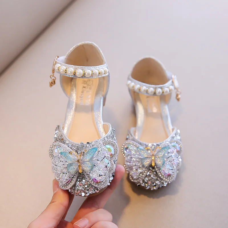 Princess Butterfly Leather Shoes Kids Diamond Bowknot High Heel Children Girl Dance Glitter Shoes Fashion Girls Party Dance Shoe