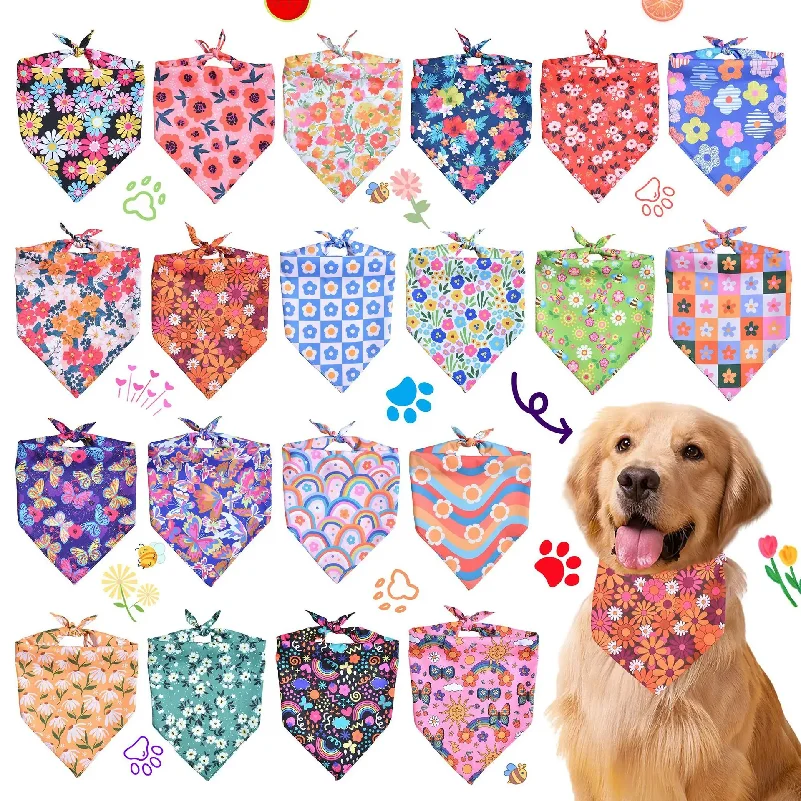 50pcs Floral Dog Bandanas Spring Flower Pet Triangle Bib Scarf Daisy Rose Pet Bandana Adjustable Dog Kerchief for Dogs and Cats