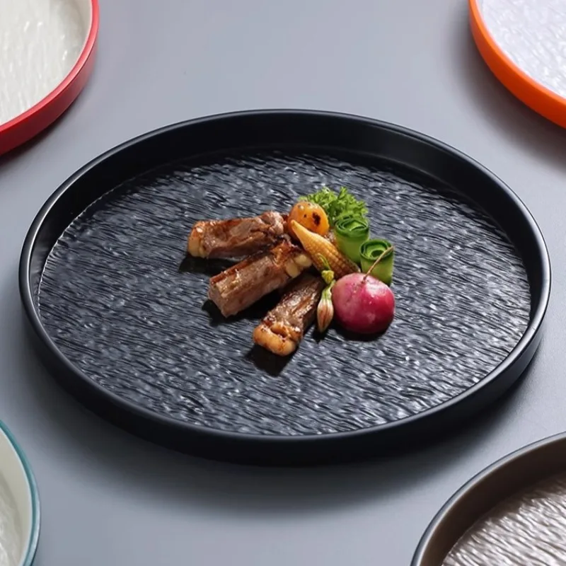 Plato de Pasta de melamina y carne de piedra redonda moderna, cubiertos de carne a la parrilla japonesa, plato de cocina para el hogar, decoración de utensilios de cocina