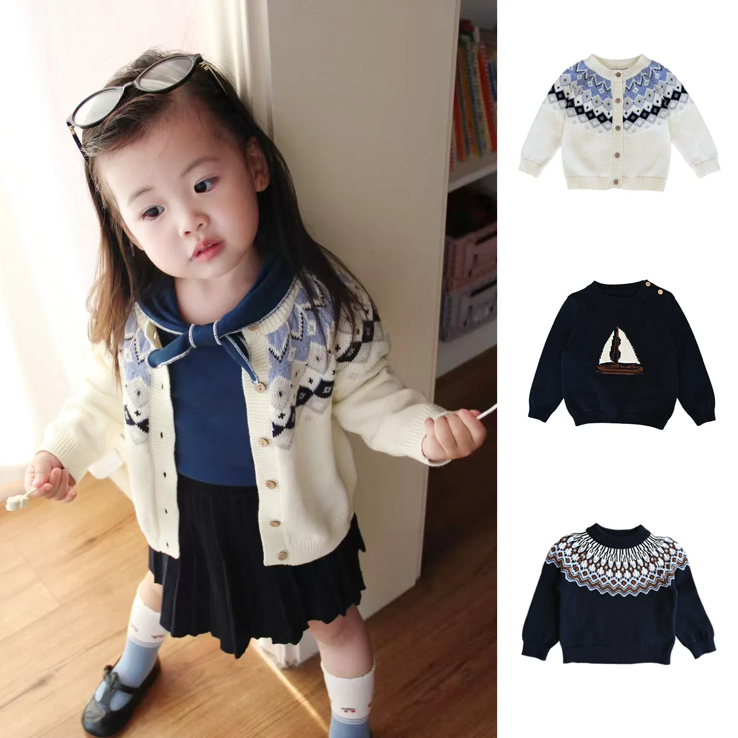 

Children's Sweater 2025 Winter New Arrival Printed Fashion Embroidered Girls' Knit Cardigan Pure Cotton Warm Round Neck Sweater