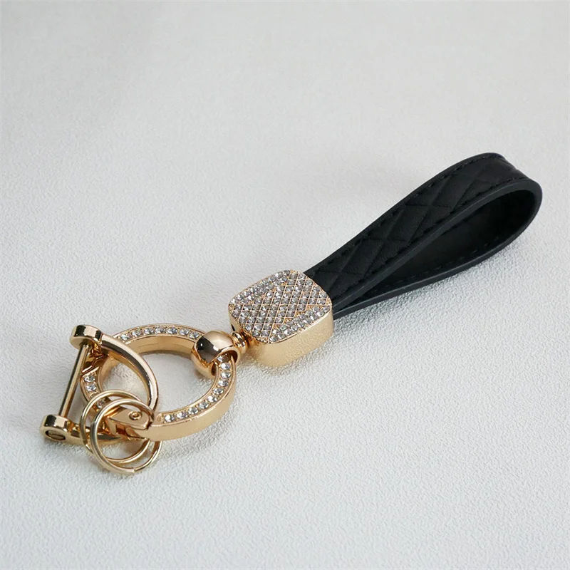 New Rhinestone Plaid Leather Rope Keychain Shiny Crystal Key Chain Women Men Girl Key Holder Car Bag Accessory Gift Keyring