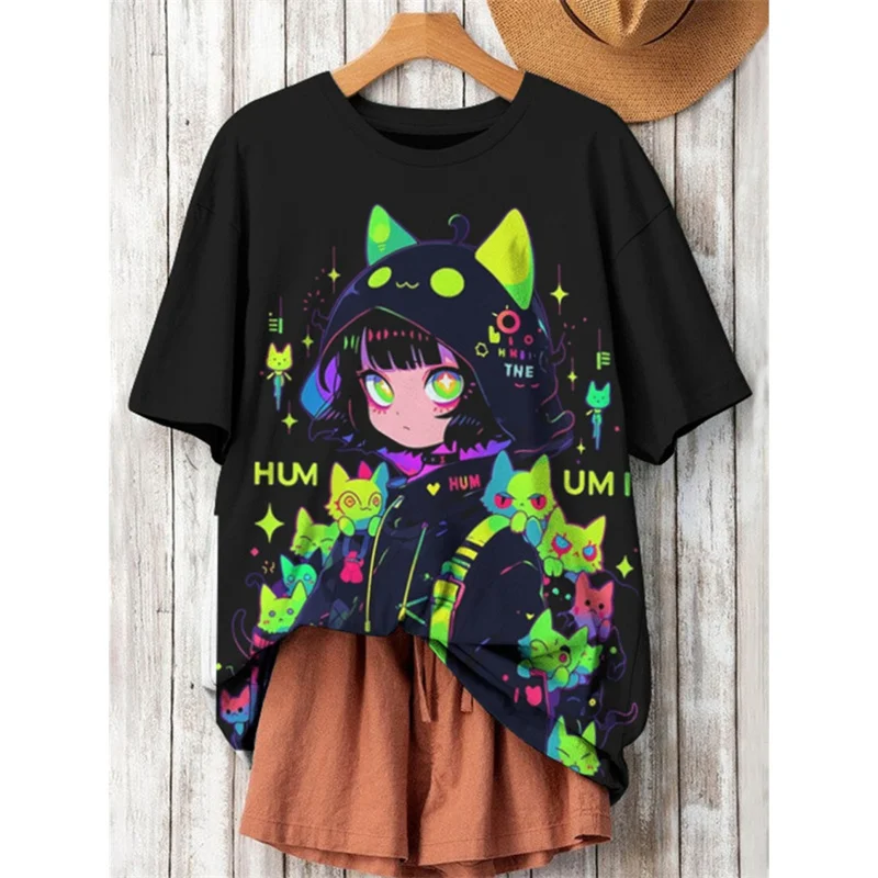 เสื้อยืดลำลองคอโอไซส์ใหญ่ สไตล์ฮาราจูกุ ลายการ์ตูนญี่ปุ่น 3 มิติ แฟชั่นแมว สำหรับผู้หญิง แขนสั้น