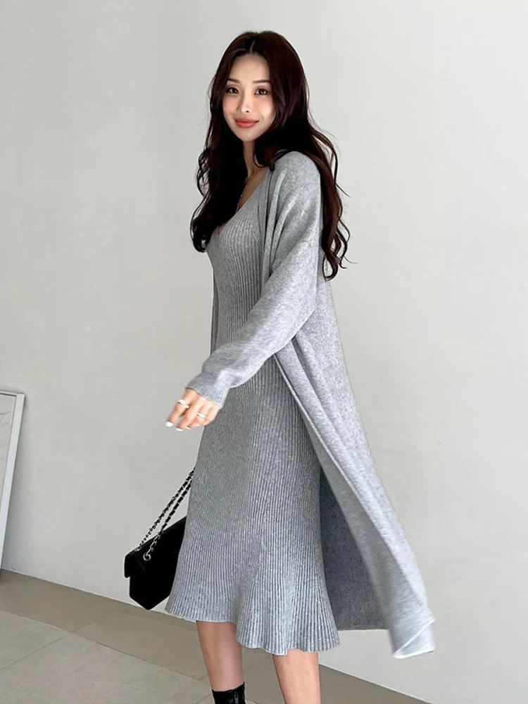 New Knit Sweater 2 Pieces Outfit Women Mujer Simple Cardigan Loose Long Coat Tops And Sleeveless Dress Ladies Set Street Clothes