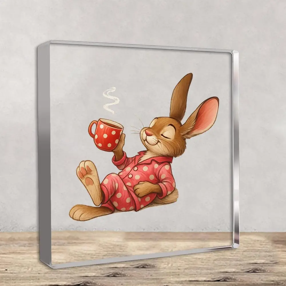 Cute Rabbit Paperweight, Polka Dot Pajama Coffee Cup Desktop Decor for Women Office Gift