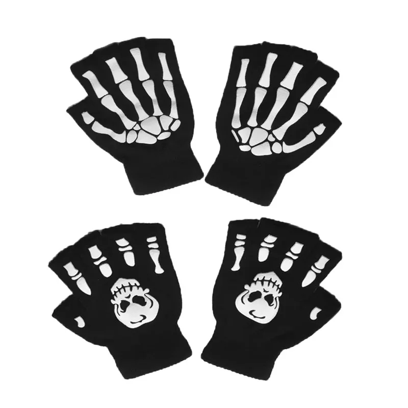 1/2/3/4 paar New Kids Halloween Skeletschedel Half Vinger Lichtgevende Punk Handschoenen Winter schedel Vingerloze Zwarte Wanten