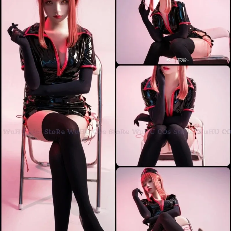 Anime motosserra cosplay homem powerr/Makimaa cosplay uniforme de enfermeira preto branco látex bodycon feminino halloween roleplay macacão
