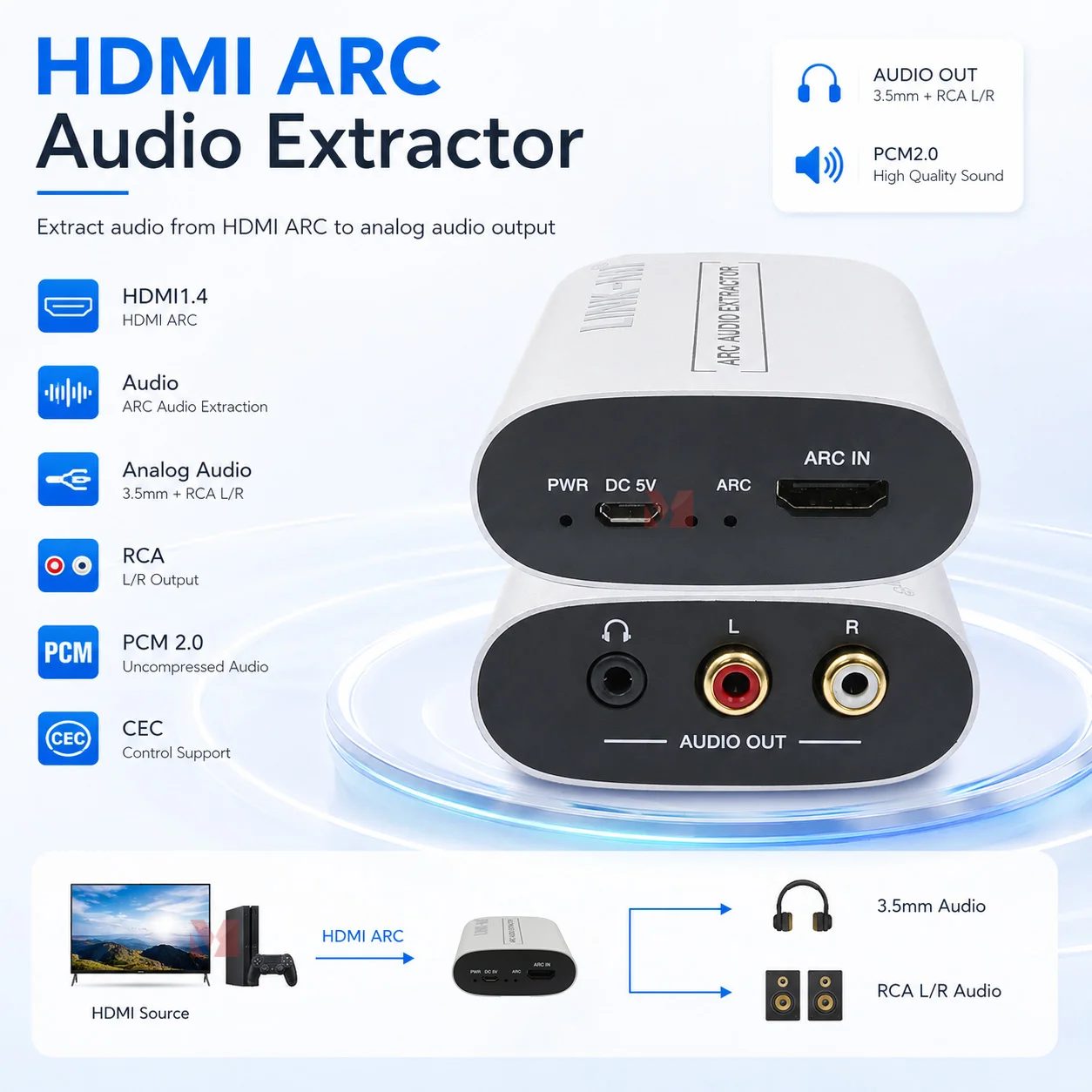 

LINK-MI HDMI Audio Extractor ARC Audio Extractor with L/R RCA HDMI 1.4 Audio Extractor 2CH stereo For Audio Receiver/Amplifier