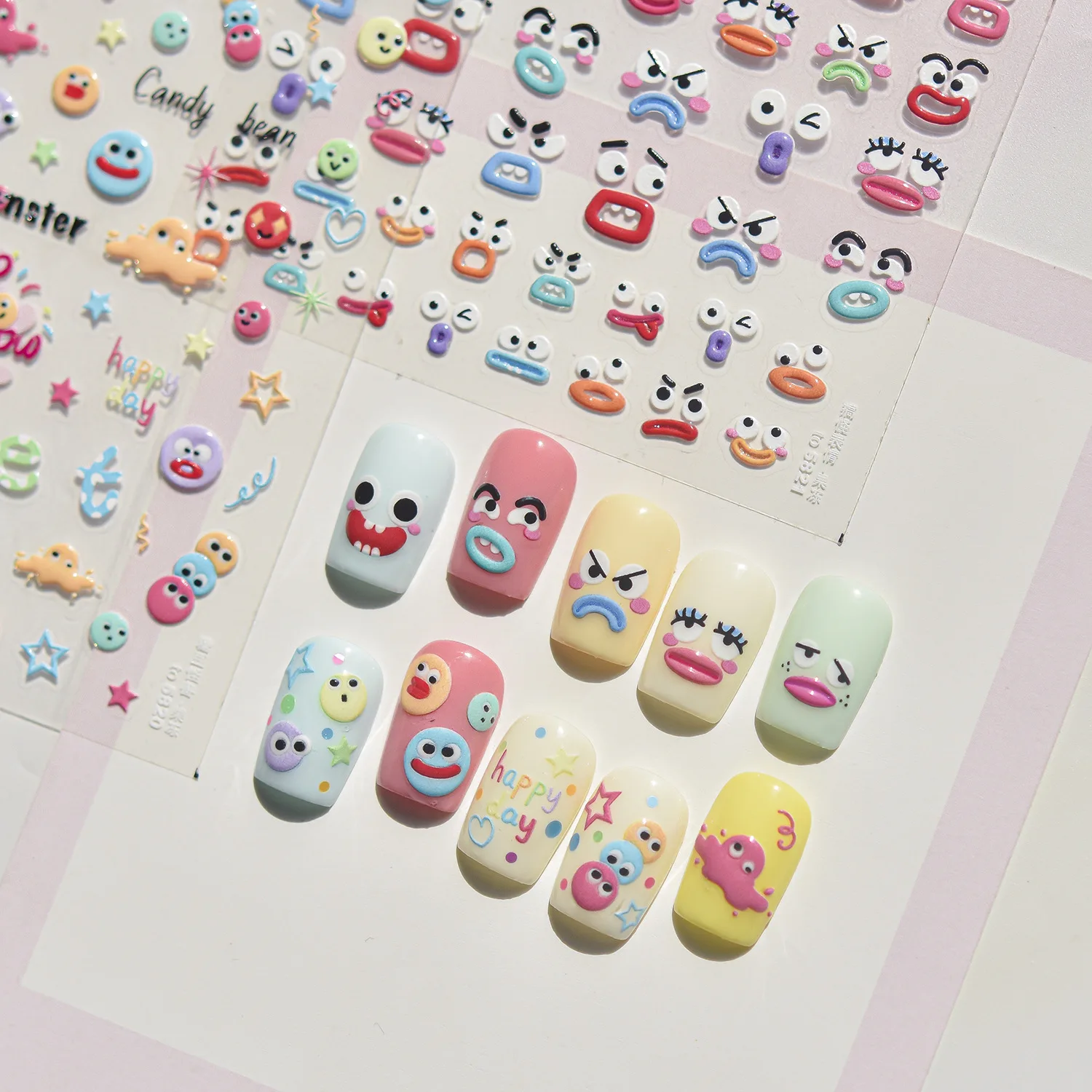 

5D Funny Expression Nail Decals INS Cute Color Cartoon Face Feature Surprised Grinning Blink Pattern Self-adhesive Nail Sticker