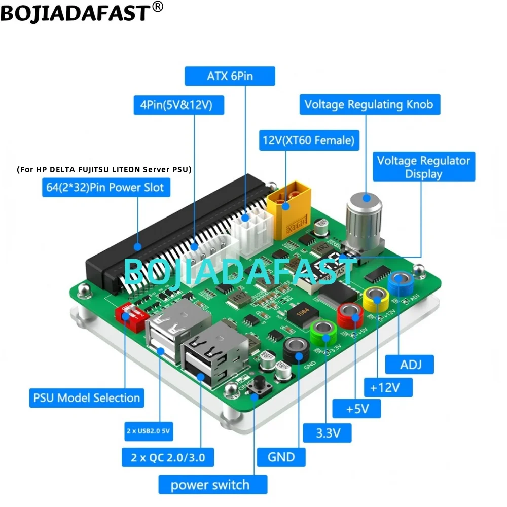 64Pin Female Breakout Board With 4 USB 2.0 Molex 4PIN ATX 6PIN XT60 Connector For HP DELTA FUJITSU LITEON Server Power Supply