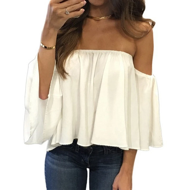 2024 Women T-shirt Solid Chiffon Strapless Sexy Off Shoulder Women\'s Shirts Short Sleeve Summer Fashion Female Sweet Clothing