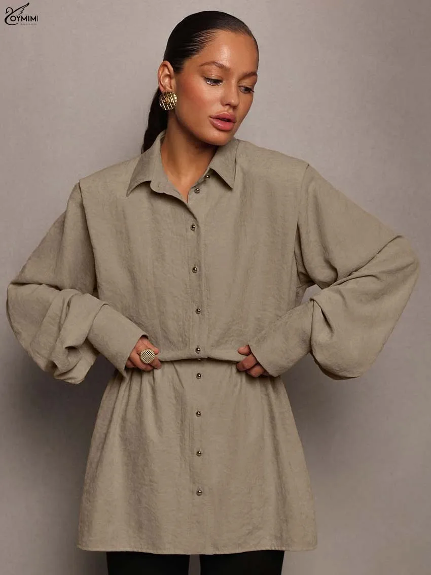 Oymimi Elegant Khaki Pleated Women's Shirt Fashion Lapel Long Sleeve Single Breasted Shirts Casual New High Waisted Solid Shirts