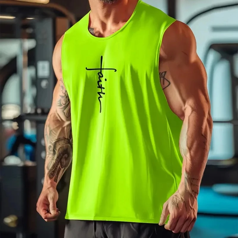 Simple Faith Letters Graphic Sports Vest For Men Fashion Trend Fitness Tank Tops Loose Breathable Quick Dry Gym sports T-shirt