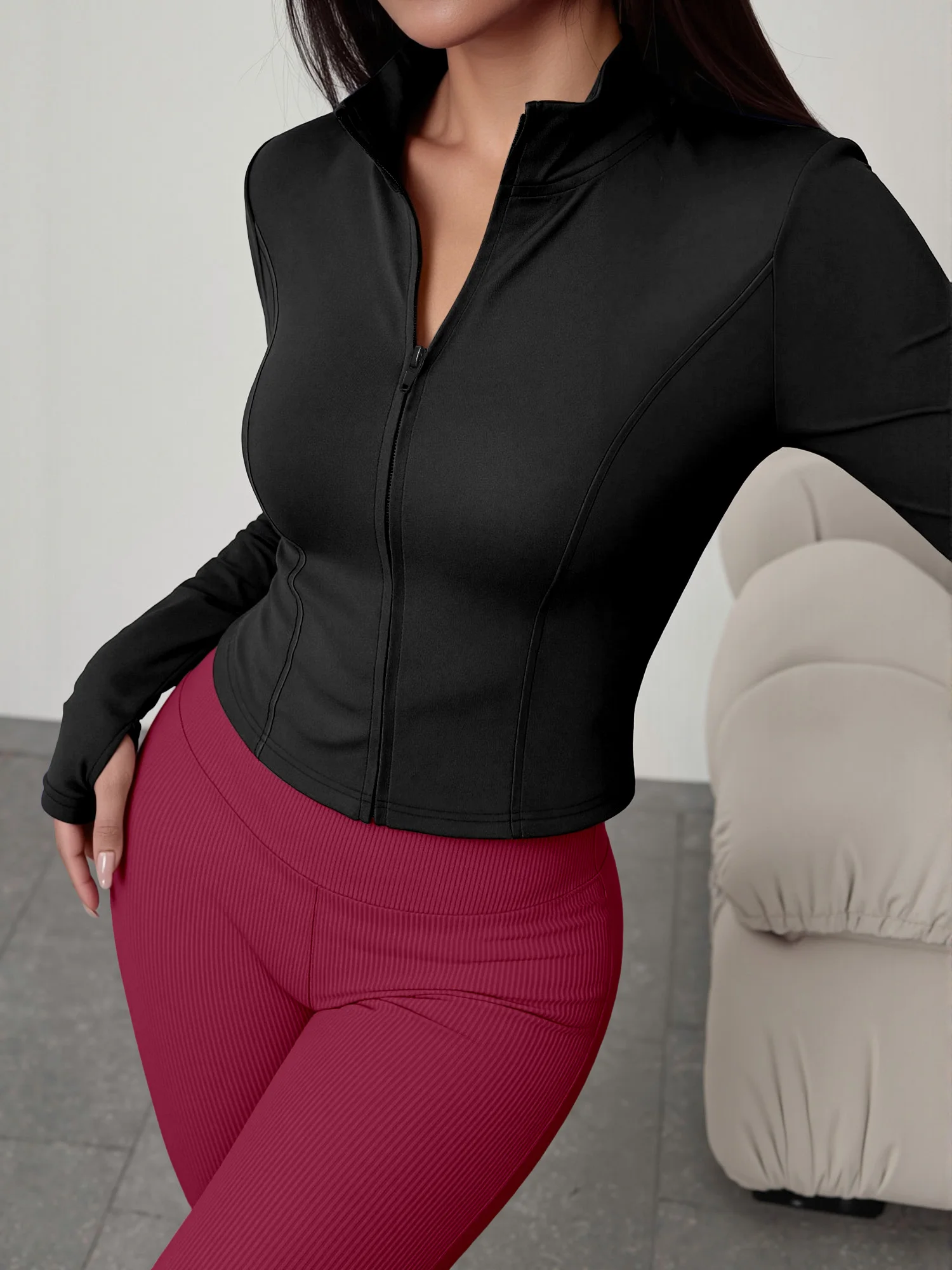 European American Women Ribbed Knit Two Piece Set, Long Sleeve Zip Top With High Waist Flare Pants, Casual Slim Daily Outfit
