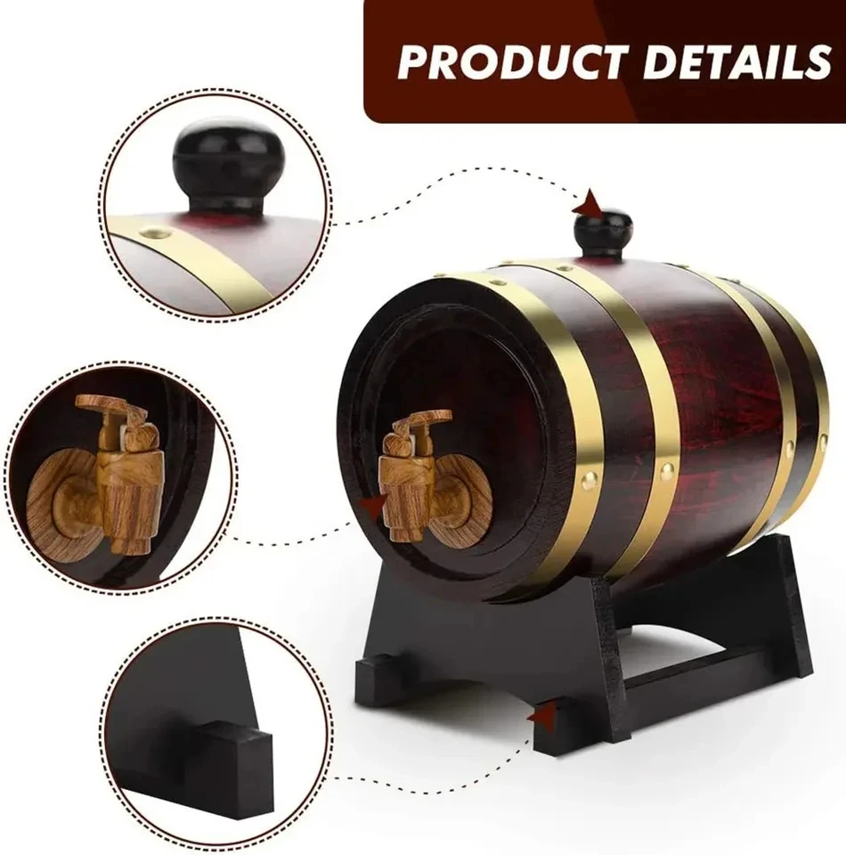 Multi-purpose 1.5-litre 3-litre Aged Oak Barrels, Large Storage Containers for Wine and Whisky Bar Supplies for FamilyGatherings