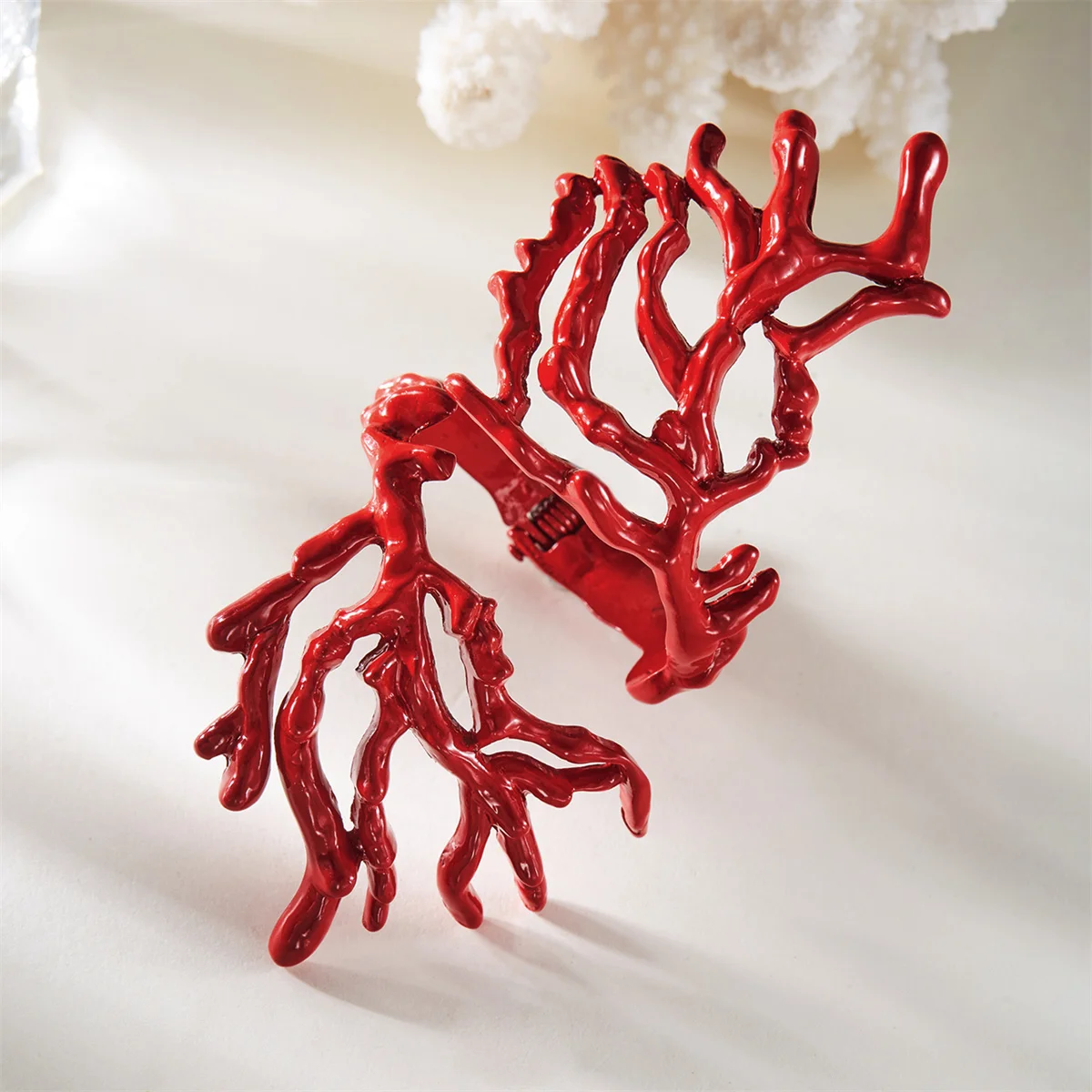 اللون الأحمر مبالغ فيه المعادن المرجان على شكل خواتم مفتوحة للنساء الصيف غير النظامية هندسية خاتم مجوهرات بسيطة #2