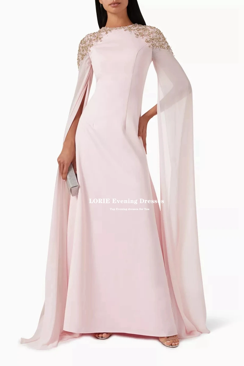 LORIE O-Neck Crystals Fashion Pink Mermaid Prom Dresses Full Cape Sleeves Arabic Evening Gowns Women Satin Formal Party Dress