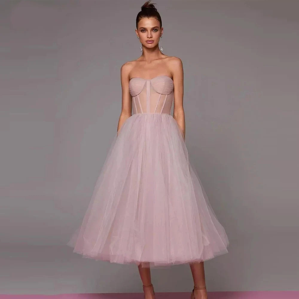 Hunxiu Thee-Lengte Prom Jurken Sweetheart Strapless A-lijn Hoge Kwaliteit Tulle Robes De Soiree Lace Up Multi Size Party gown