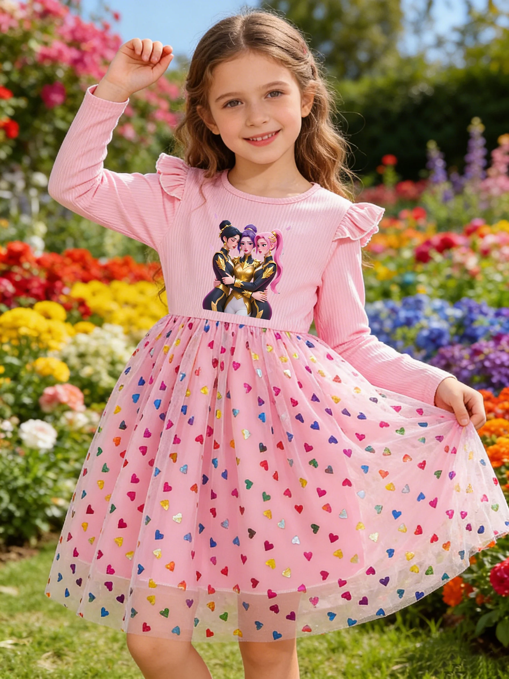 Girls' cartoon girl group printed dress, heart-shaped pattern tulle princess dress