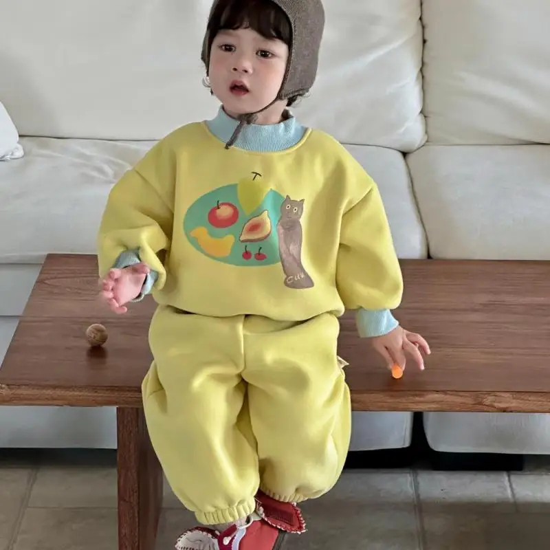 

2025 Winter New Baby Long Sleeve Clothes Set Boys Girls Fleece Cartoon Sweatshirt + Pants 2pcs Suit Children Thick Warm Outfits