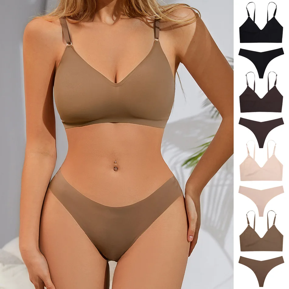 Gran oferta, conjunto de ropa interior sin costuras estilo cuello en V para mujer con bragas, ropa interior para mujer, conjunto de sujetadores y bragas