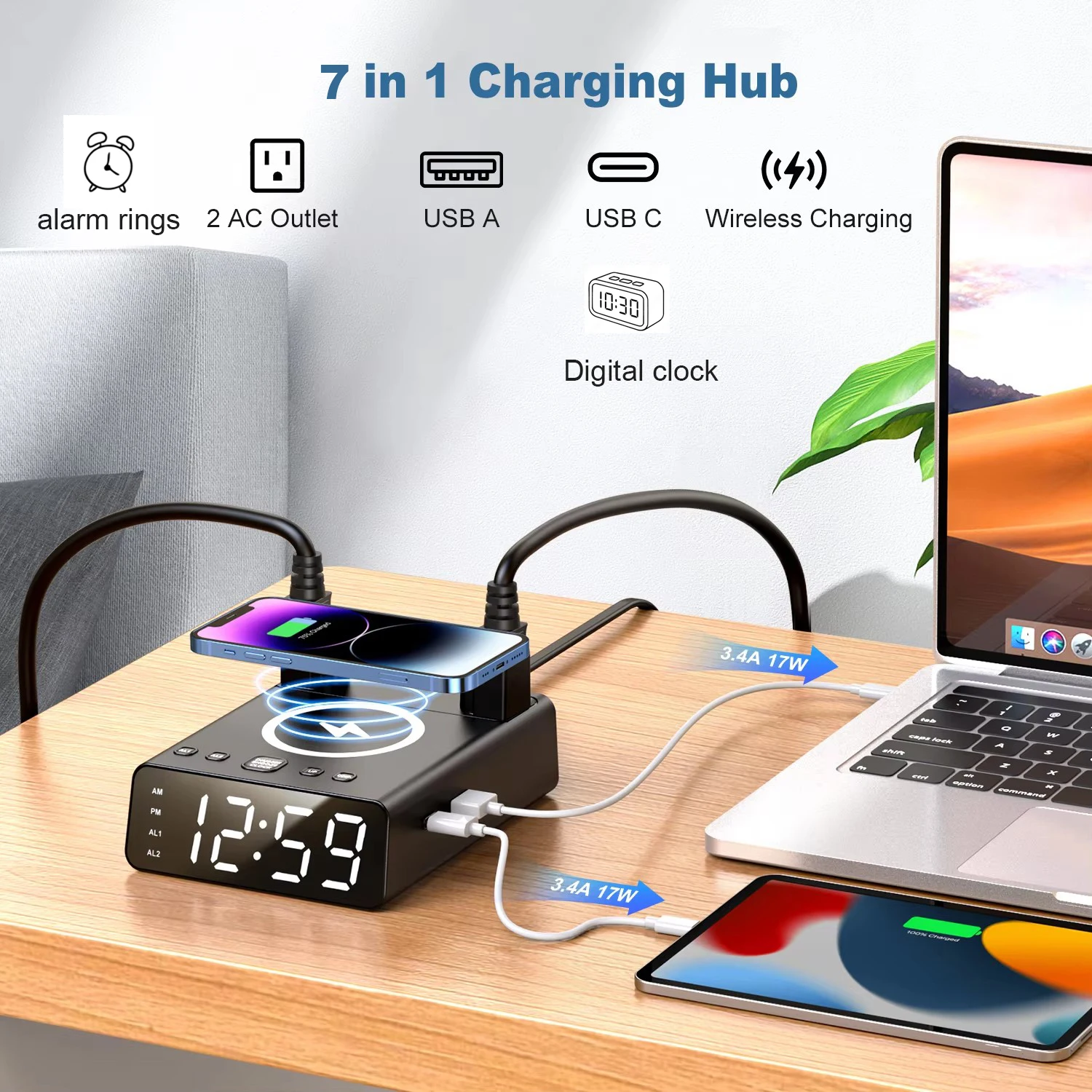 OEM 7-in-1 Wireless Charging Station with AC Outlets 15W Fast Charger Digital Alarm Clock Desktop Power Strip for Office & Hotel