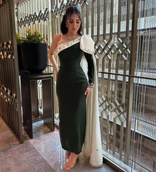 Santorini Contrast Color Evening Dresses Dubai Women Saudi Arabia Beaded Long Sleeve Prom Party Ankle Length Formal Occasion