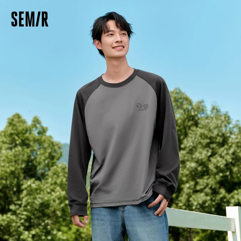 Semir Long Sleeve T-Shirt Men 2024 Autumn New American Retro Couple Outfit Color-blocking Shoulder Sleeve