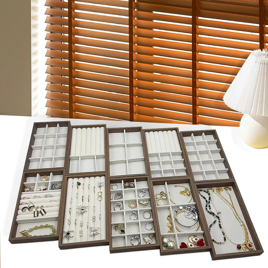 قطعة واحدة، صندوق مجوهرات بنمط خشب الجوز، صينية مجوهرات، مناسبة لتخزين القلائد والخواتم والأقراط والأذن. اللون: بيج