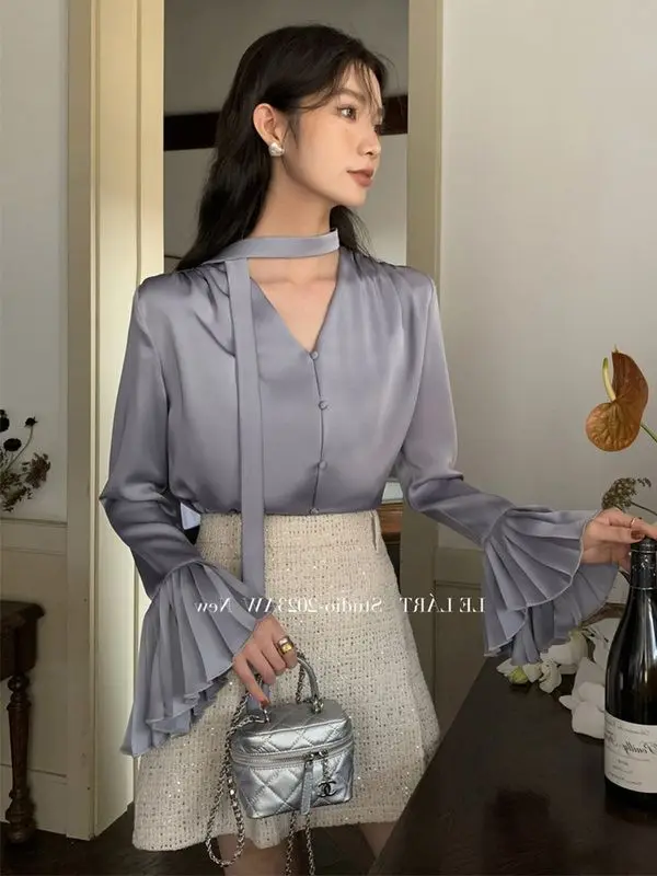Gentle Accordion Sleeve Ribbon Shirt for Women Early Spring New Design Niche Satin Top Loose and Versatile Shirt