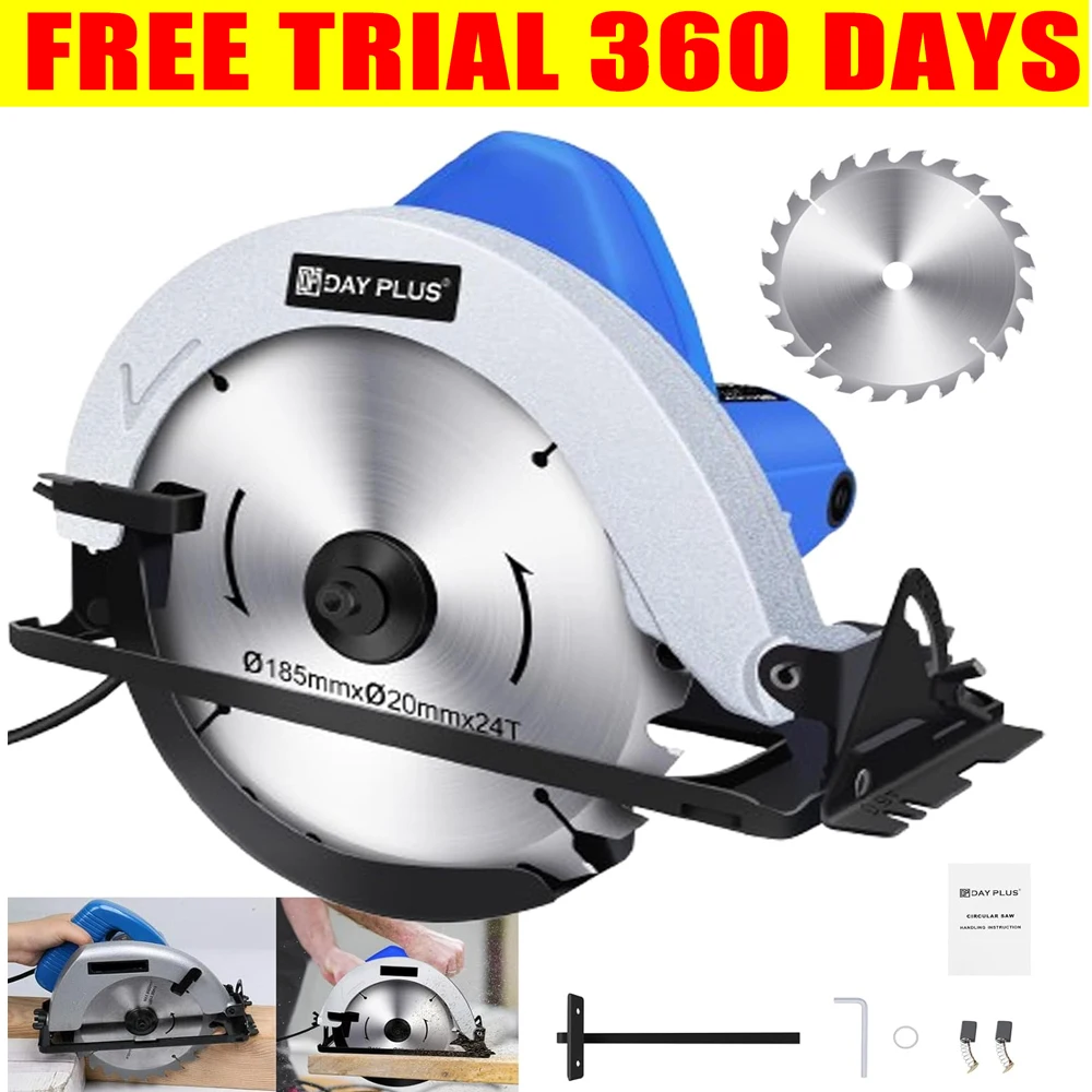 Sierras Circulares con Ángulo de Bisel (0 a 45 grados) ° Cortadora con Cuchilla de 185 mm, Herramienta para Cortar Madera, Profundidad de Corte Ajustable para Cortar Madera y Troncos