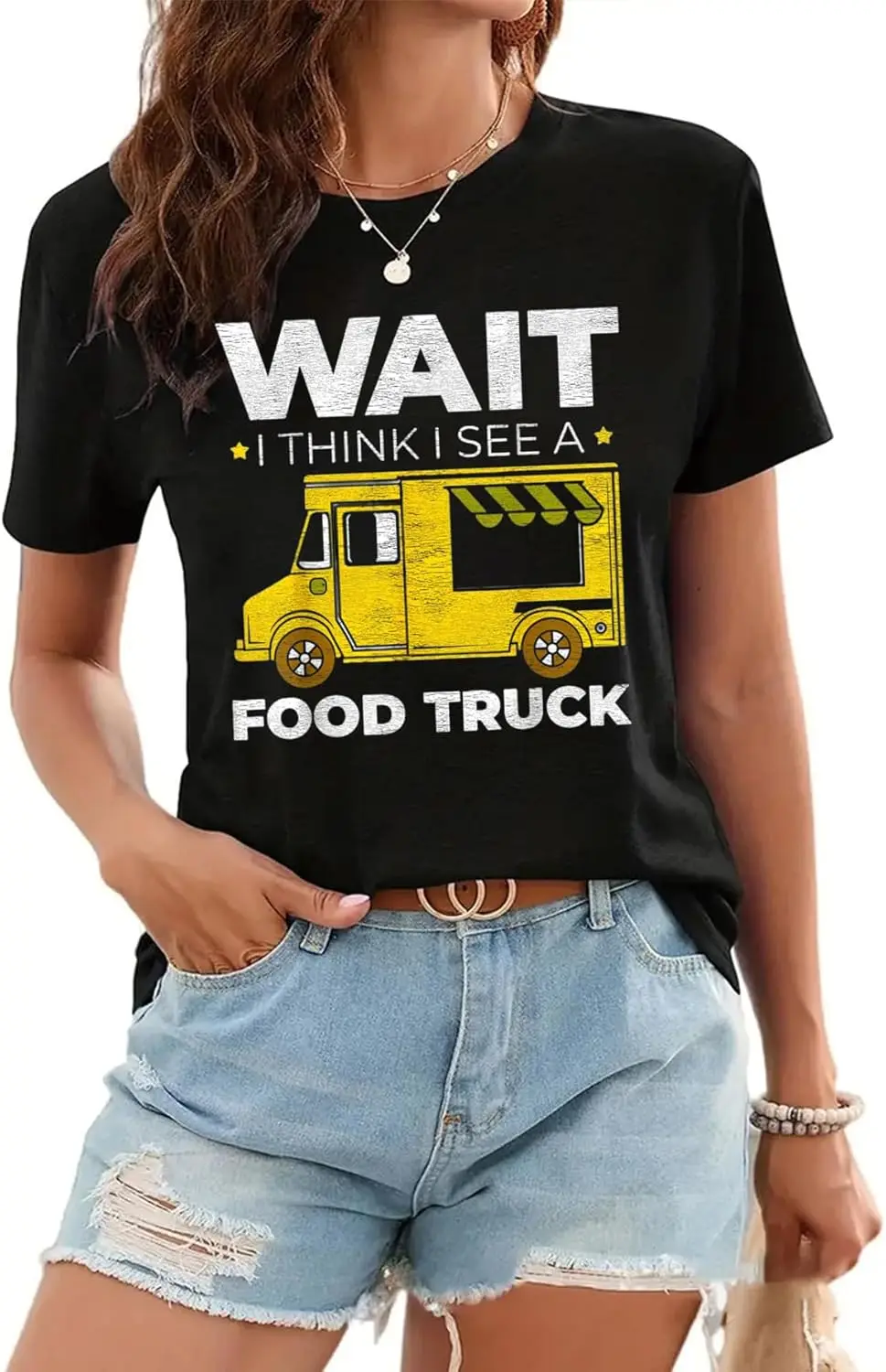 Wait I Think I See a Food Truck Lover Women's Crew Neck Casual Short Sleeve Vintage Summer Graphic T-Shirt