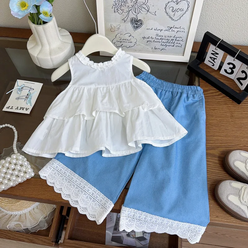 

Girls' summer suits2025New Stylish Little Girl Baby Vest Top+Wide-leg Pants Two-piece Set Summer