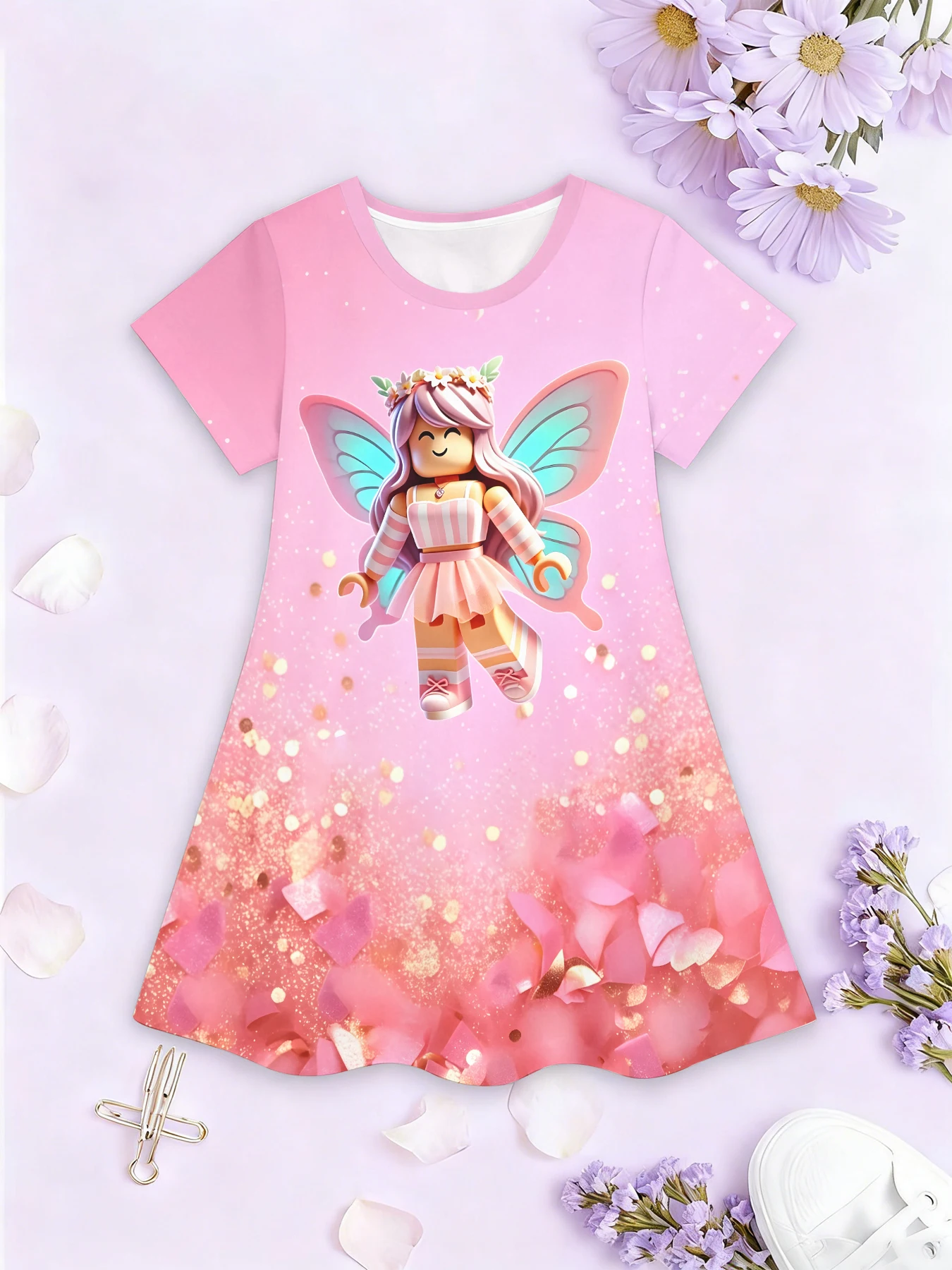 Mädchen-Kleid mit 3D-Motiv, Rundhalsausschnitt und A-Linien-Schnitt, Anime-Mädchen-Mecha-Design, rosa Farbblock-Print, ideal für Partys und als Geburtstagsgeschenk. – Detail 2