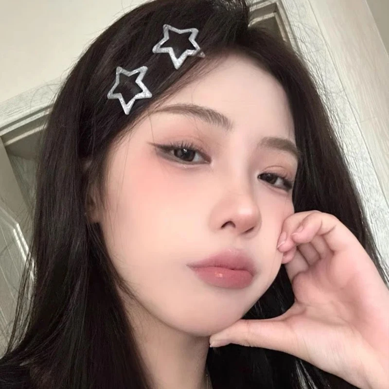 100pcs Metal Silver Hair Clip Women Y2K Star Snap Barrette Sweet Punk Headwears Five-pointed Stars Bobby Pins Filigree Hairclips