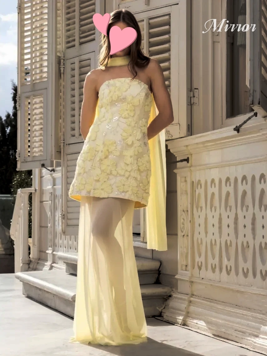 

Mirror Dress Elegant Vintage Sweet Yellow Mermaid Flowers Lace Ribbon Customize Formal Occasion Prom Dress Evening Party Gowns