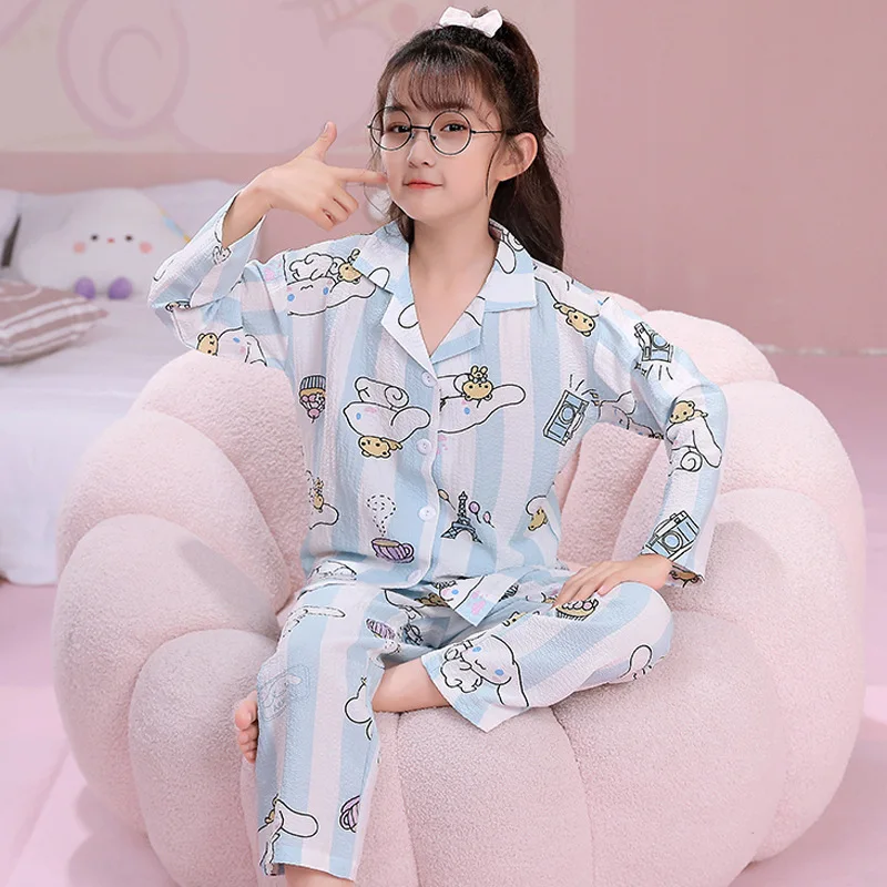 

Anime Cartoon Pochacco Kuromi Melody Kawaii Sanrios Kids Pajamas Girl Cardigan Spring Long-Sleeved Pants 2Pcs Printing Homewear