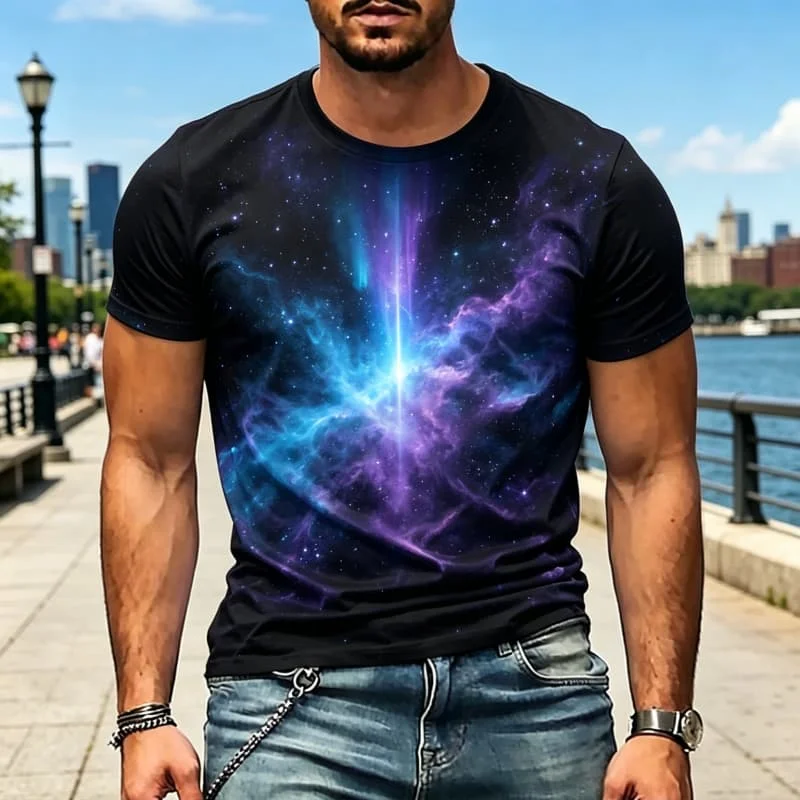 Men's Cosmic Galaxy and Nebula Print Casual T-Shirts, Short Sleeve Crew Neck Tops for Space and Sci-Fi Lovers