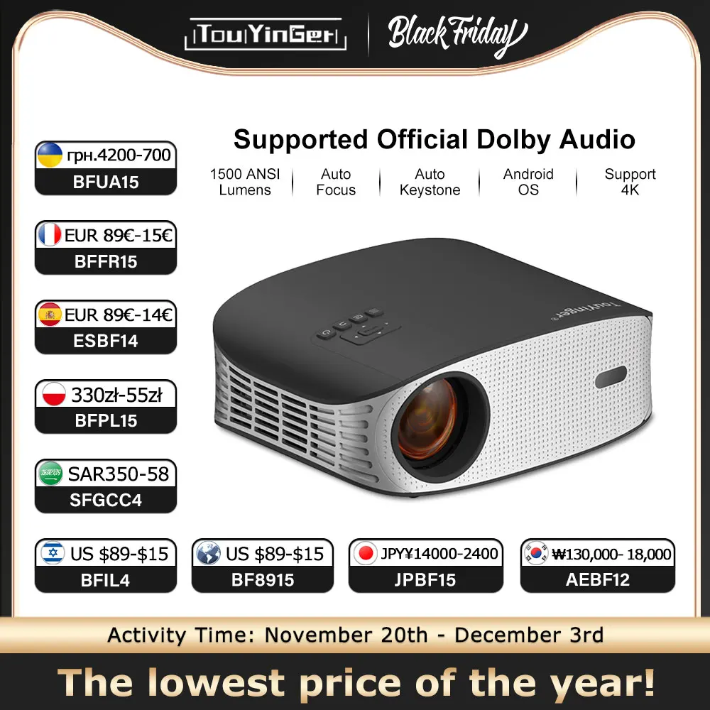 Touyinger ET32 1500ANSI Proiettore Full HD 4K 5G WIFI Home theater Lettore video multimediale Proiettore intelligente