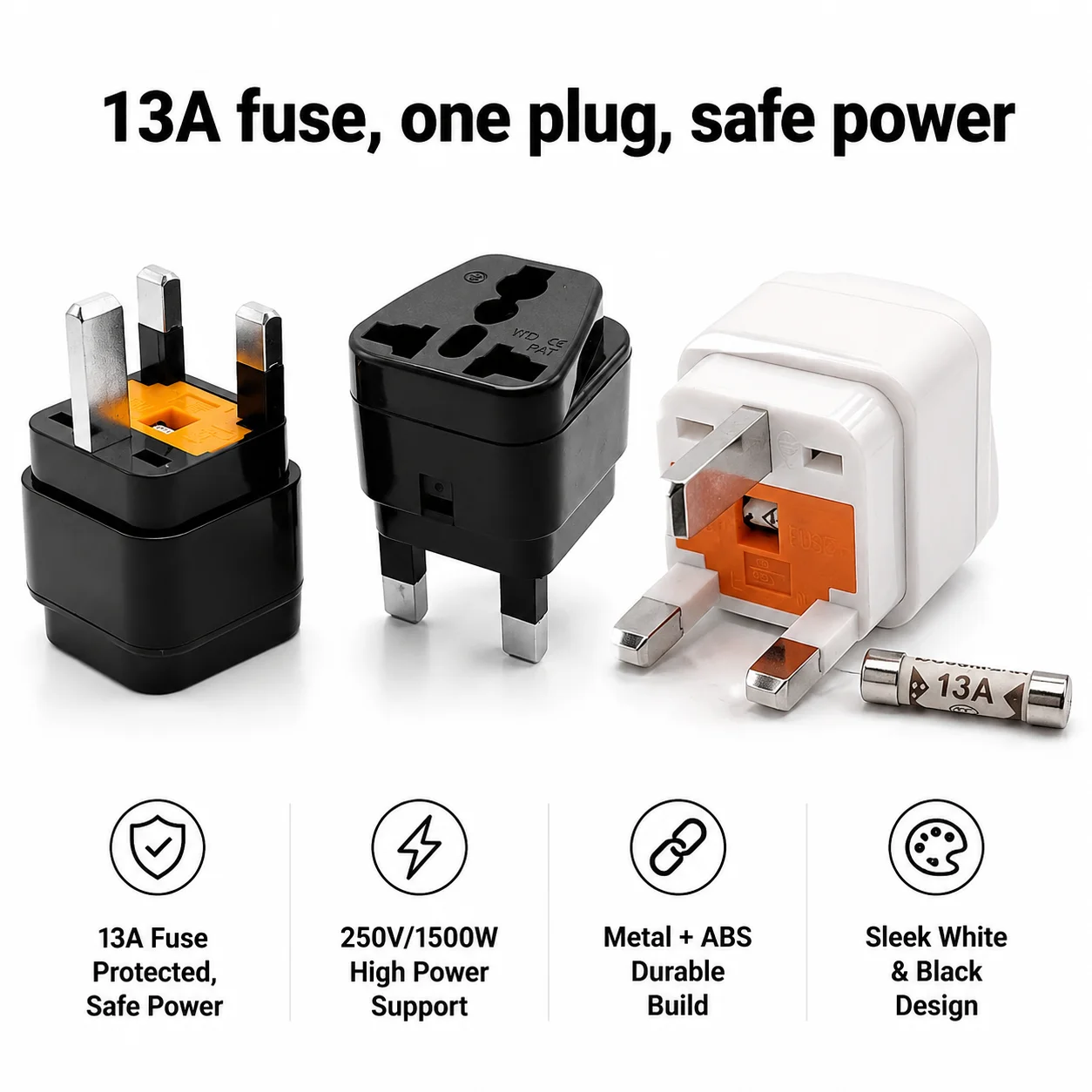 Type G UK Travel Plug Adapter with 13A Fuse, 2/3 Pin to 3 Pin Converter for US, EU, Australia Appliances & All Electronics