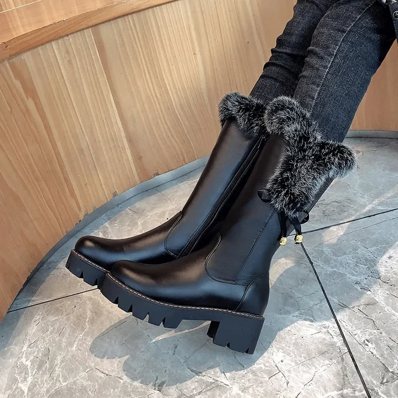 YMECHIC Plus Size 34-43 Winter Casual Warm Fur Mid-Calf Snow Botas Ladies Round Toe Square Party Shoes for Women Muje 2025