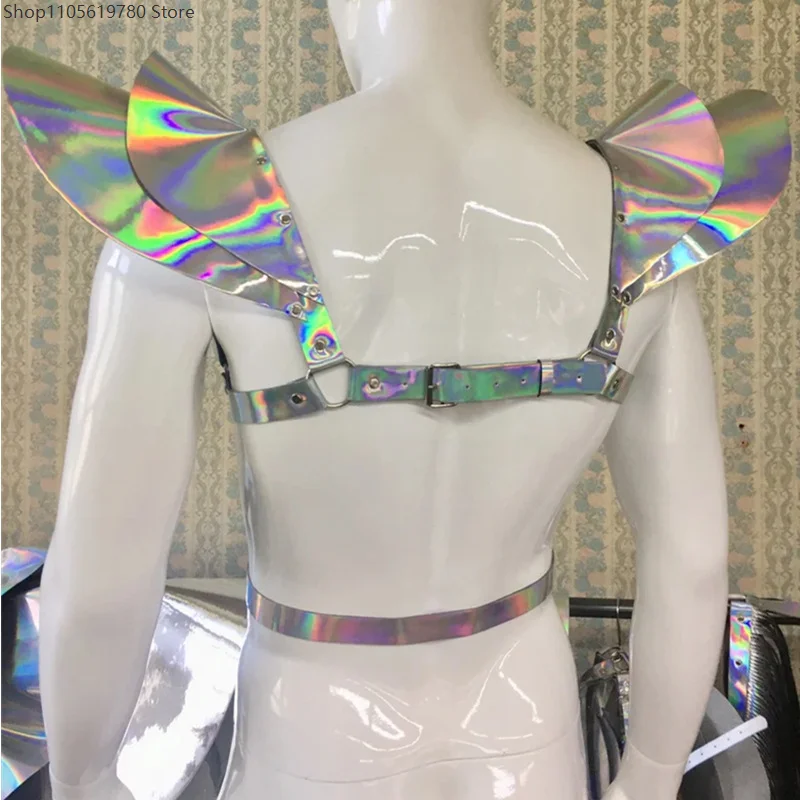 Reflective Iridescent Wing Shoulder Decor Harness Faux‑Leather Adjustable Buckle Body Strap Top Adult Cosplay Dress‑up Prop 5